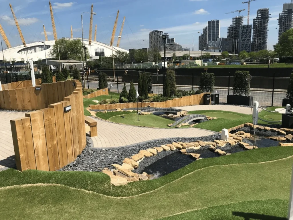 CrazyPutt Adventure Golf in Greenwich with the O2 arena in the background