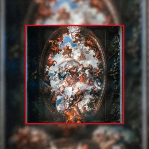 Intricate ceiling mural depicting a heavenly scene in Old Royal Naval College, Greenwich.