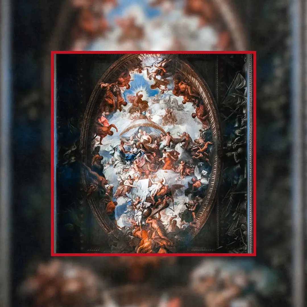 Intricate ceiling mural depicting a heavenly scene in Old Royal Naval College, Greenwich.