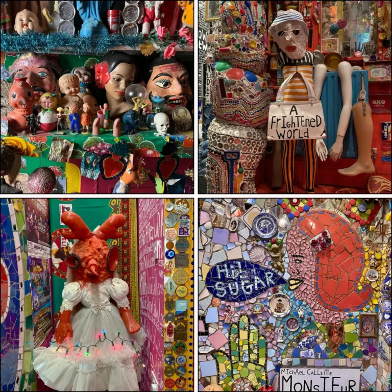 Four-photo collage of dolls, mannequins, mosaics and quirky sculptures inside the House of Dreams Museum, East Dulwich